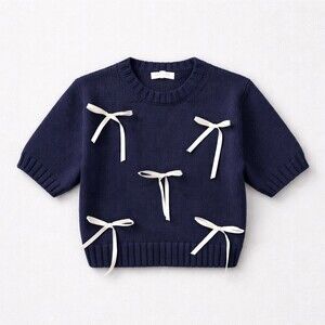 Rosie Posie Sweater Top Womens M Navy Bow Accent Cropped Short Sleeve Knit​
